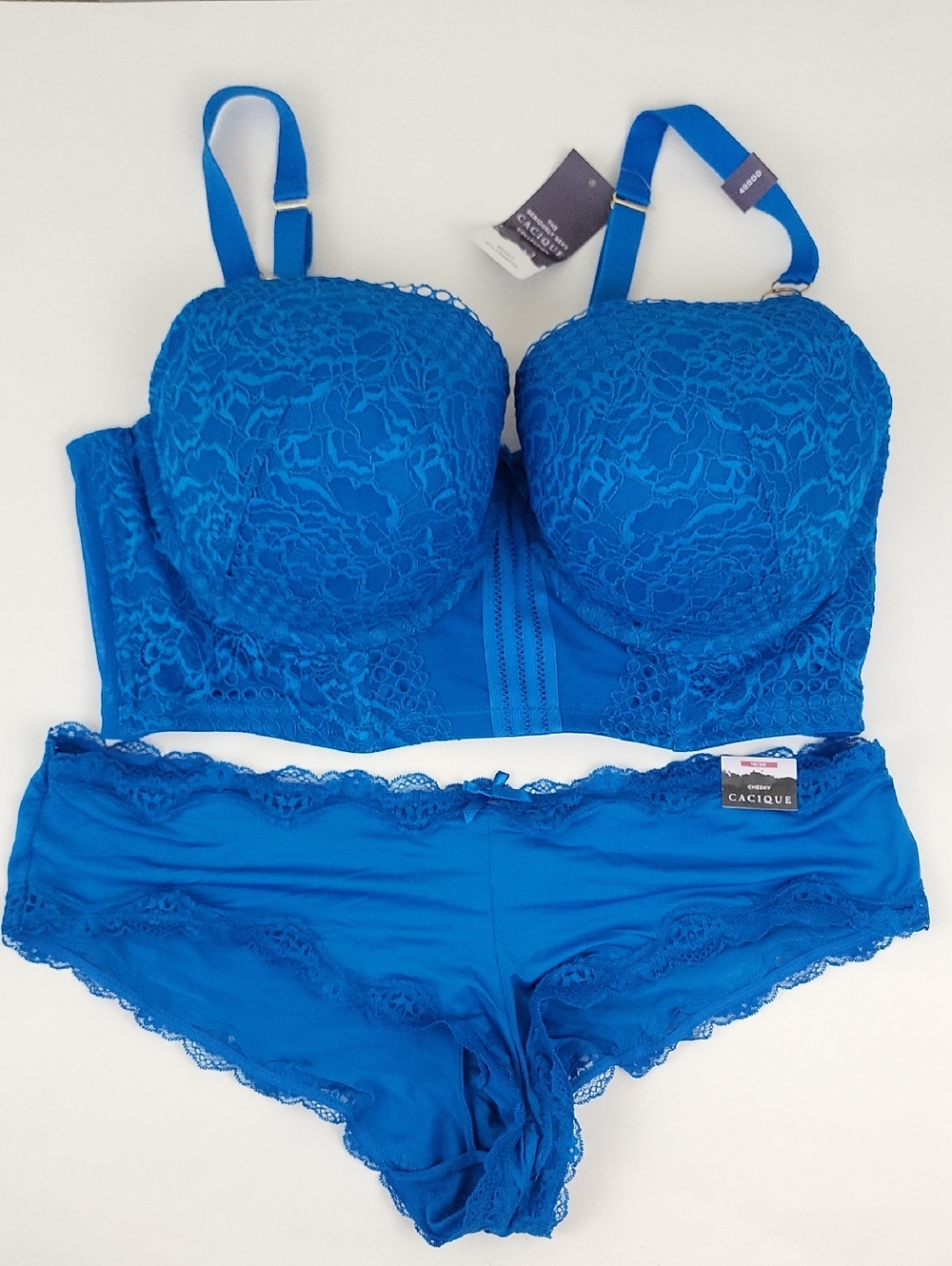 NWT Cacique Blue Boost Balconette Bra & Cheeky Panty Set Blue Lace 40DDD & 18/20